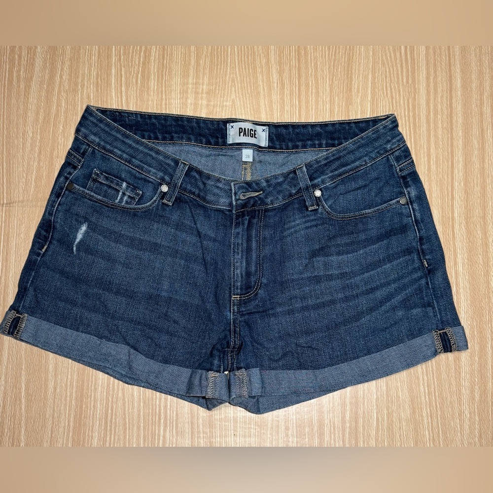 Paige Jimmy Jimmy Cuffed Blue Denim Distressed Jean Shorts Size 28